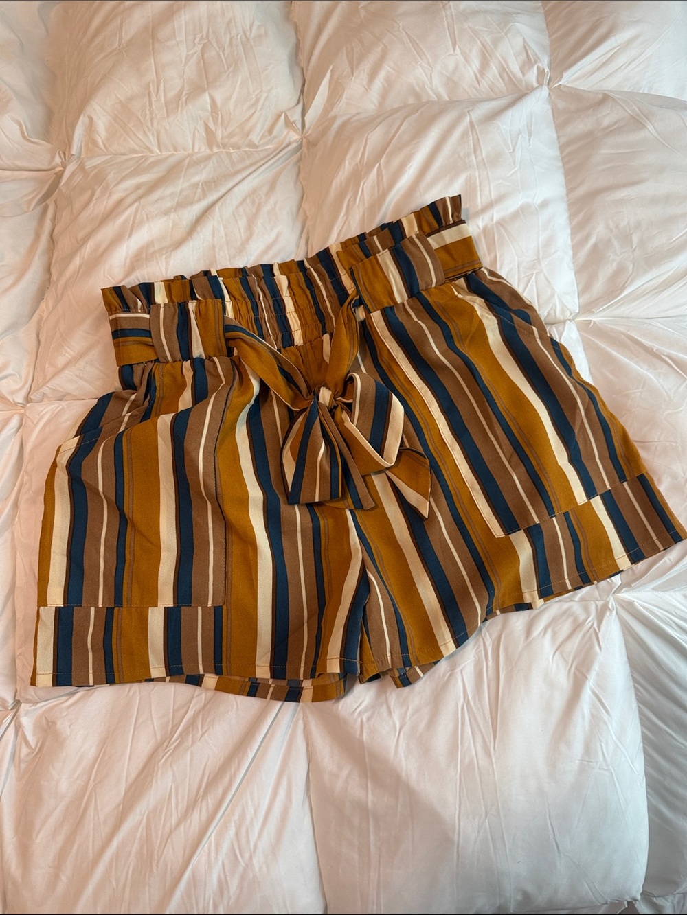 High-Waist Striped Paperbag Shorts with Tie Waist - Mustard Multi
